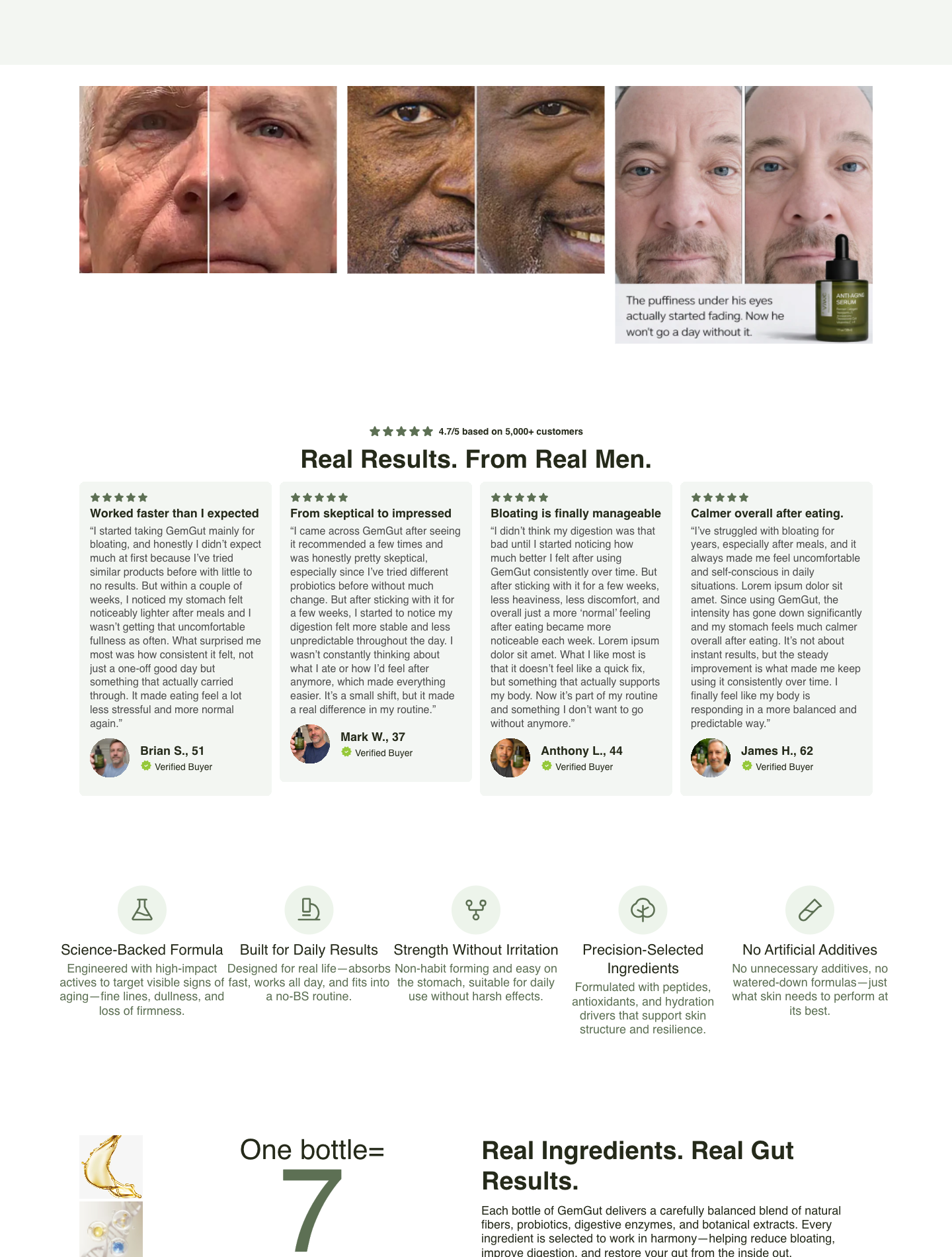 Vynelab PDP with GemGut testimonials and 'Real GUT Results' heading